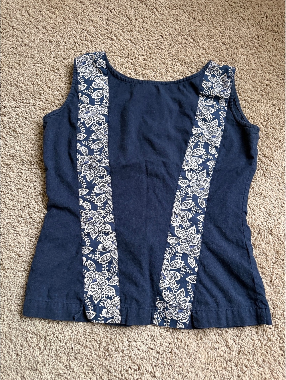 Vintage women's sleveless top Toorzia Paris navy blue cotton cream embroidery M
